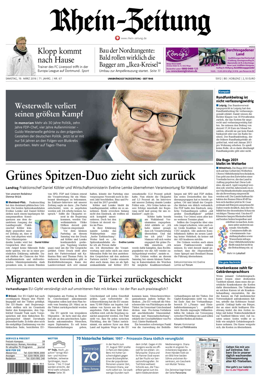 Rhein-Zeitung Koblenz & Region vom Samstag, 19.03.2016