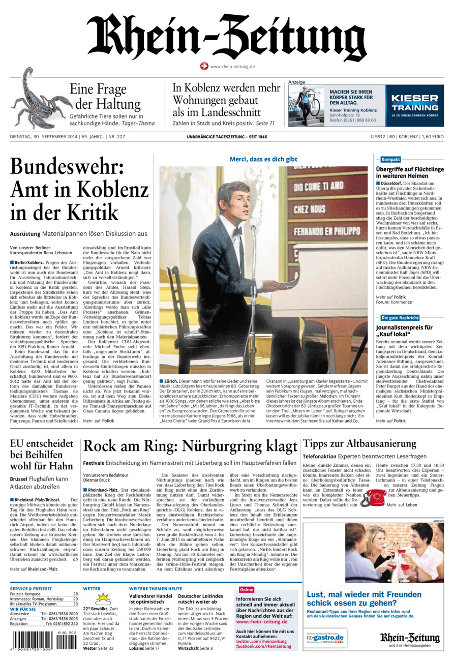 Rhein-Zeitung Koblenz & Region vom Dienstag, 30.09.2014