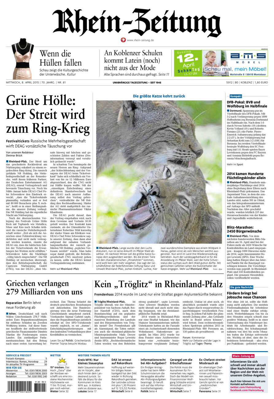 Rhein-Zeitung Koblenz & Region vom Mittwoch, 08.04.2015