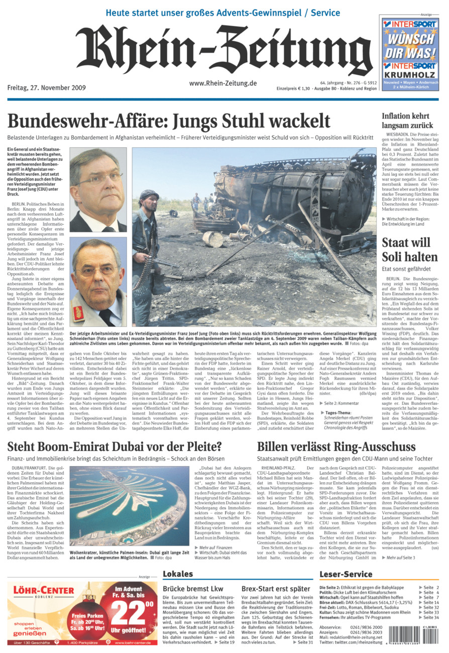 Rhein-Zeitung Koblenz & Region vom Freitag, 27.11.2009