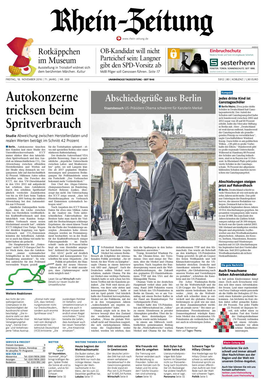 Rhein-Zeitung Koblenz & Region vom Freitag, 18.11.2016