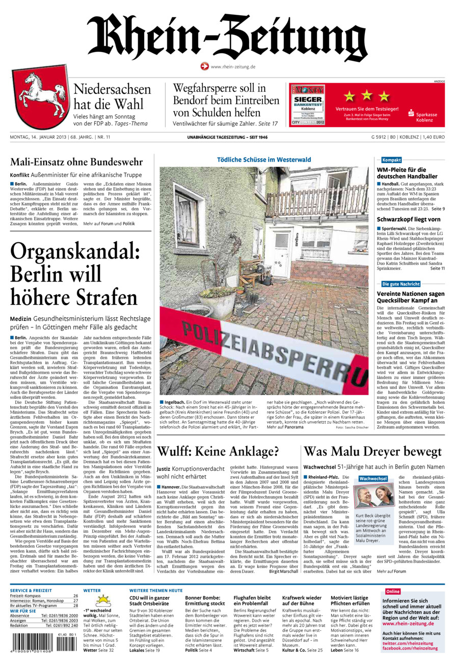 Rhein-Zeitung Koblenz & Region vom Montag, 14.01.2013