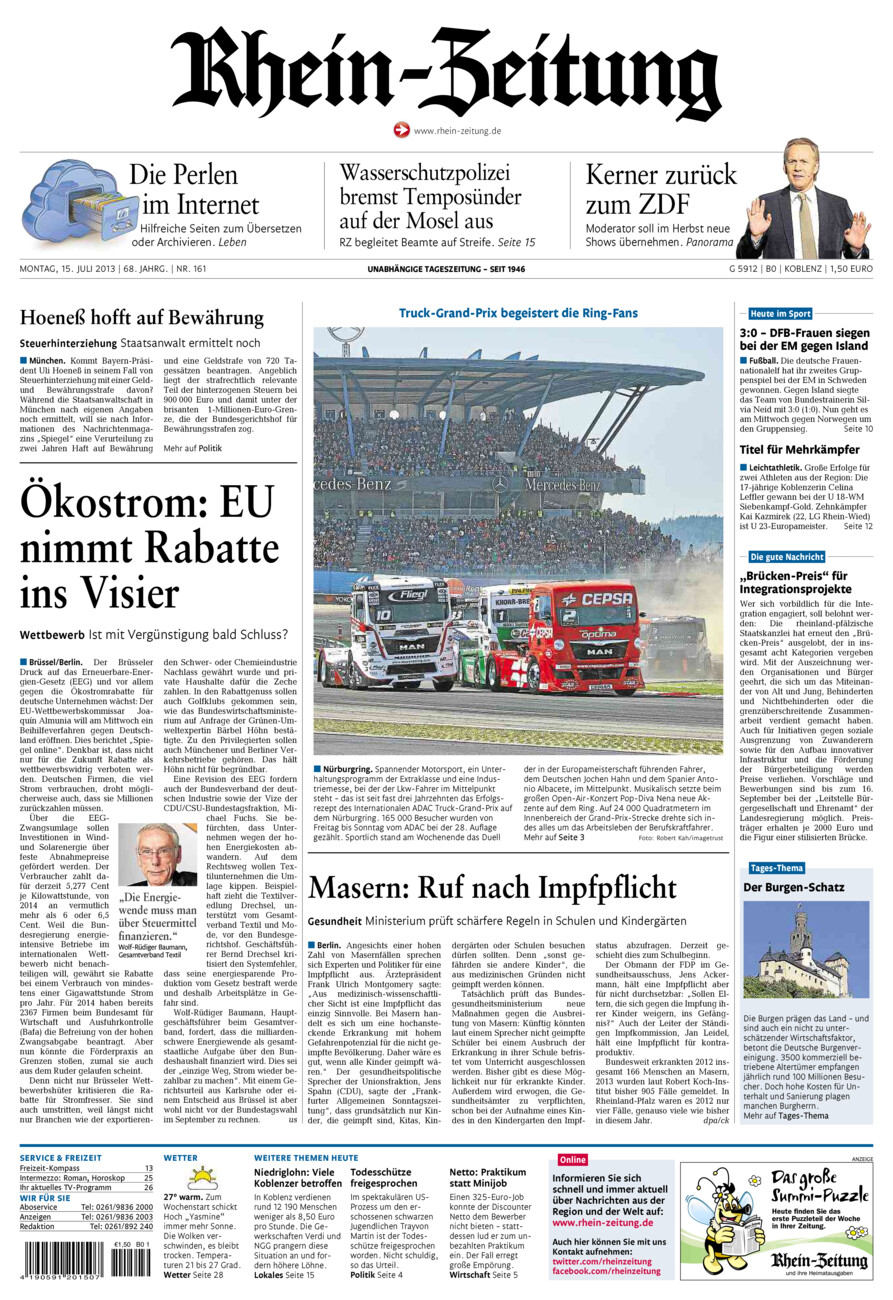 Rhein-Zeitung Koblenz & Region vom Montag, 15.07.2013