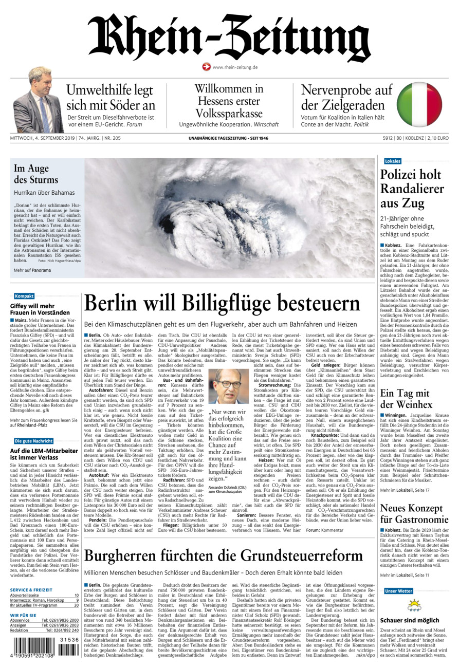 Rhein-Zeitung Koblenz & Region vom Mittwoch, 04.09.2019