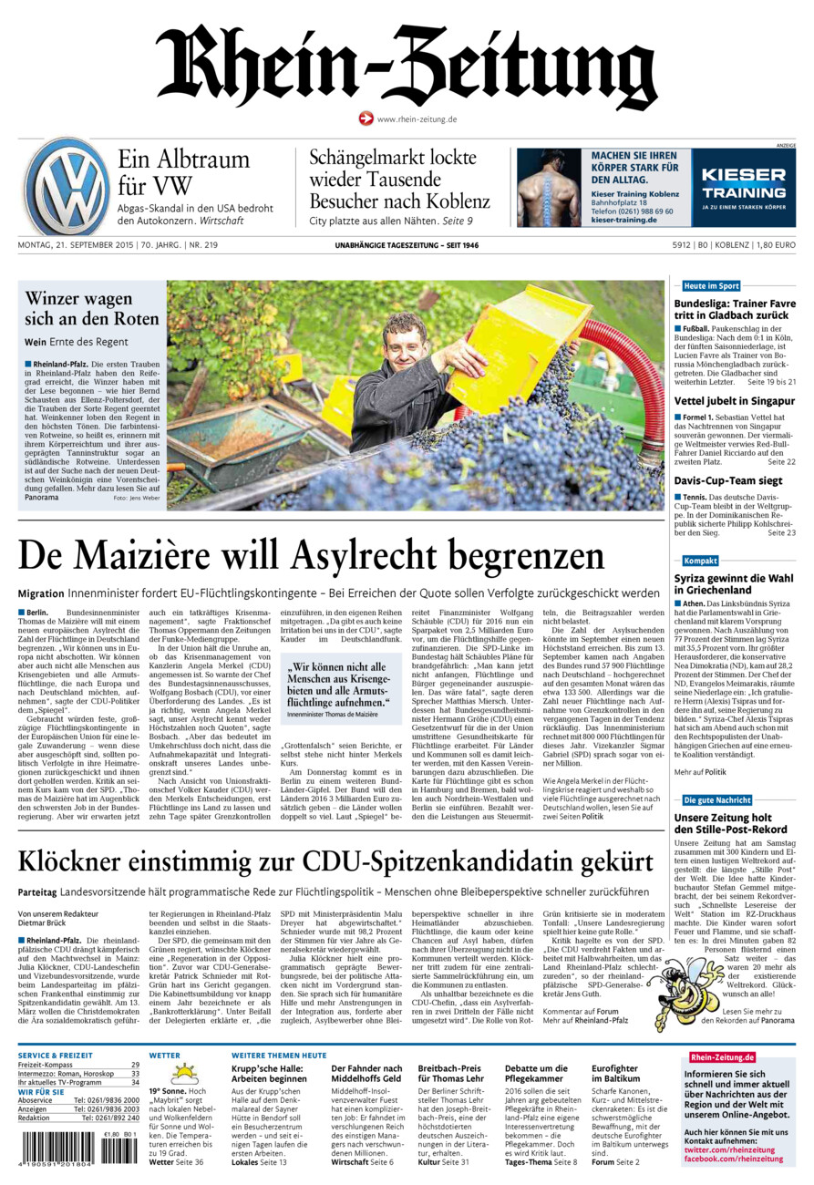 Rhein-Zeitung Koblenz & Region vom Montag, 21.09.2015
