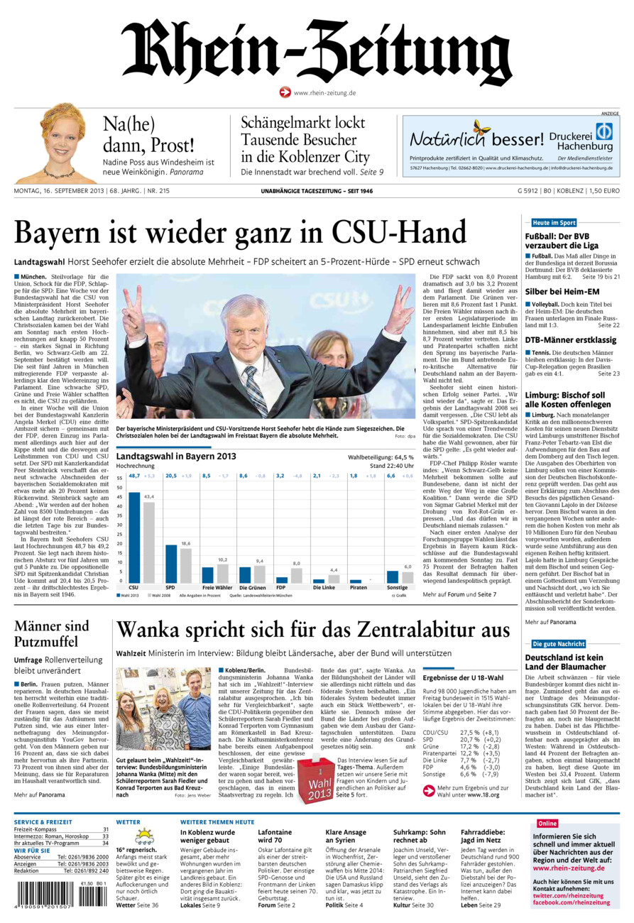 Rhein-Zeitung Koblenz & Region vom Montag, 16.09.2013