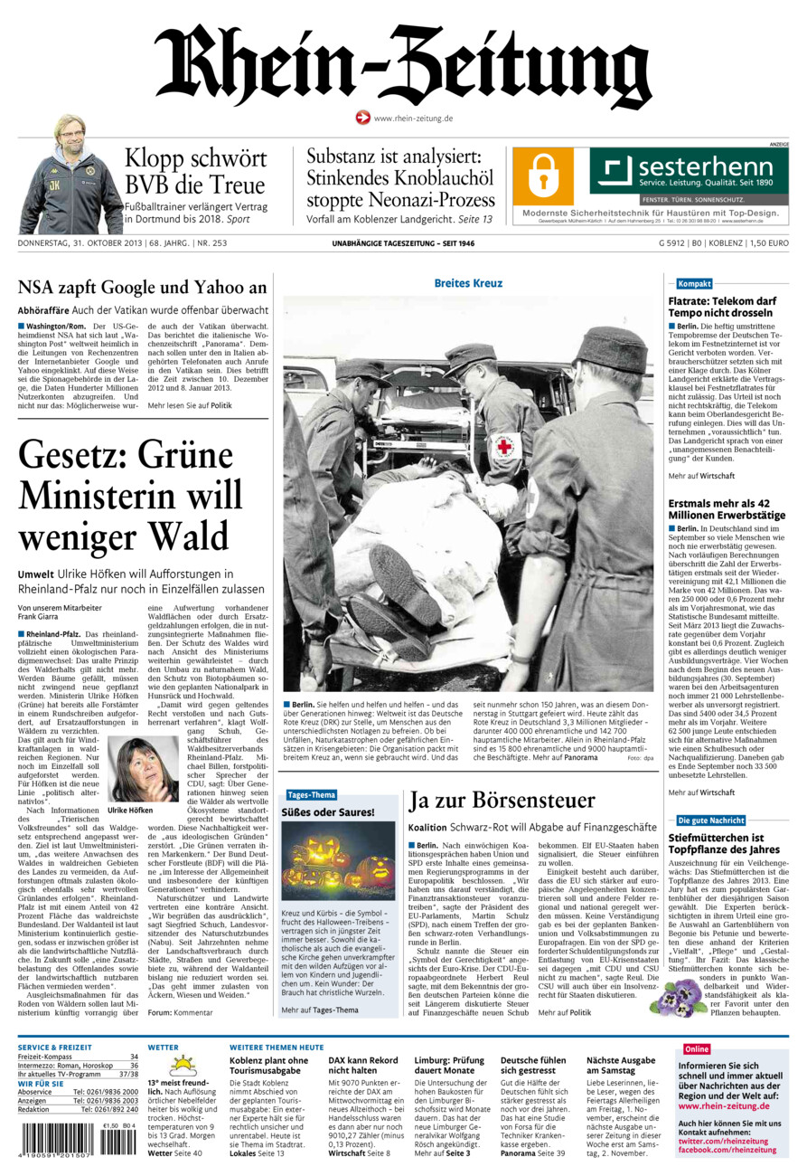 Rhein-Zeitung Koblenz & Region vom Donnerstag, 31.10.2013