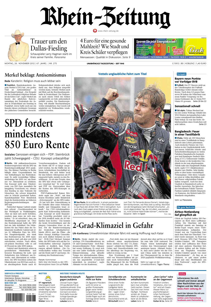 Rhein-Zeitung Koblenz & Region vom Montag, 26.11.2012