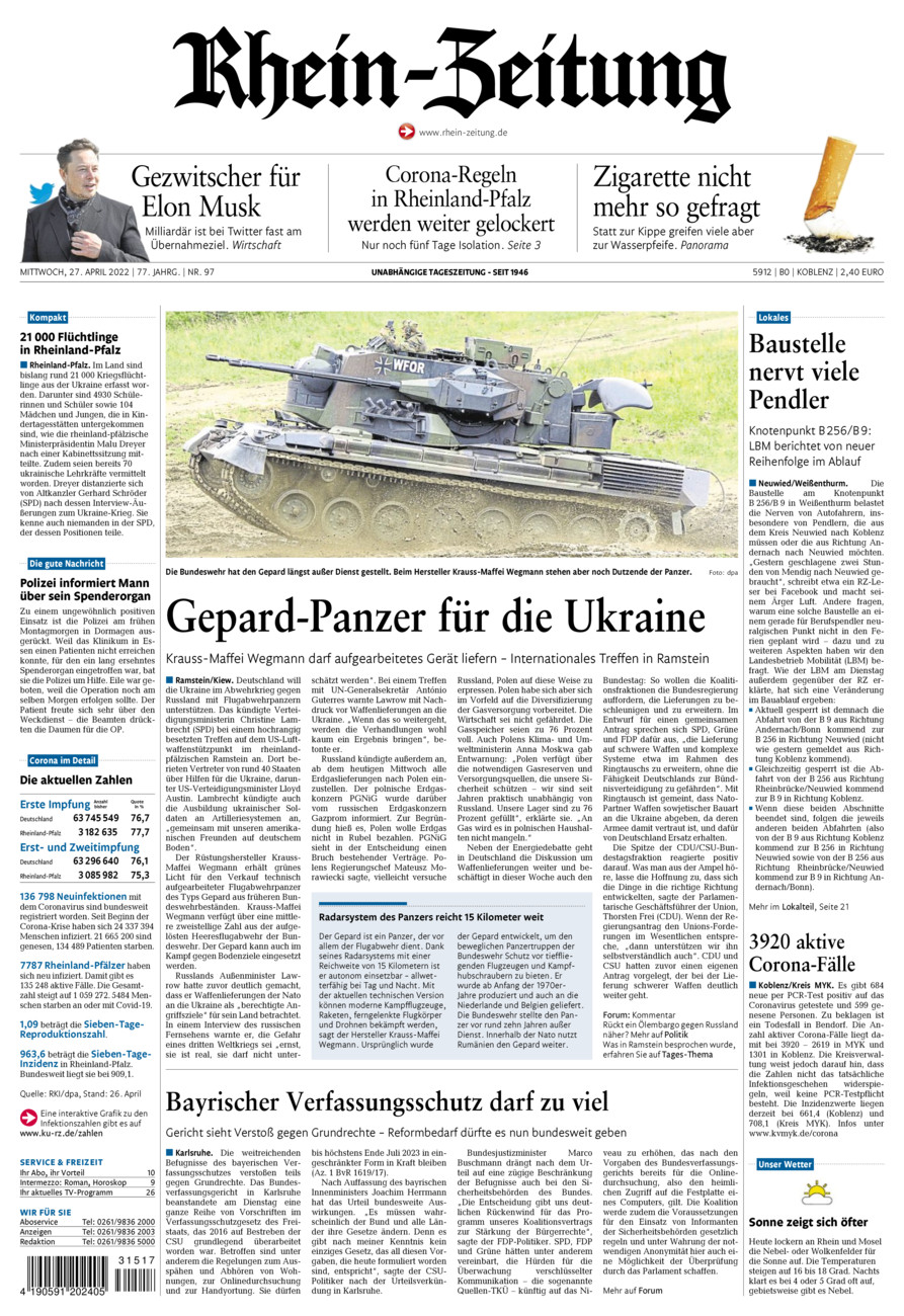 Rhein-Zeitung Koblenz & Region vom Mittwoch, 27.04.2022