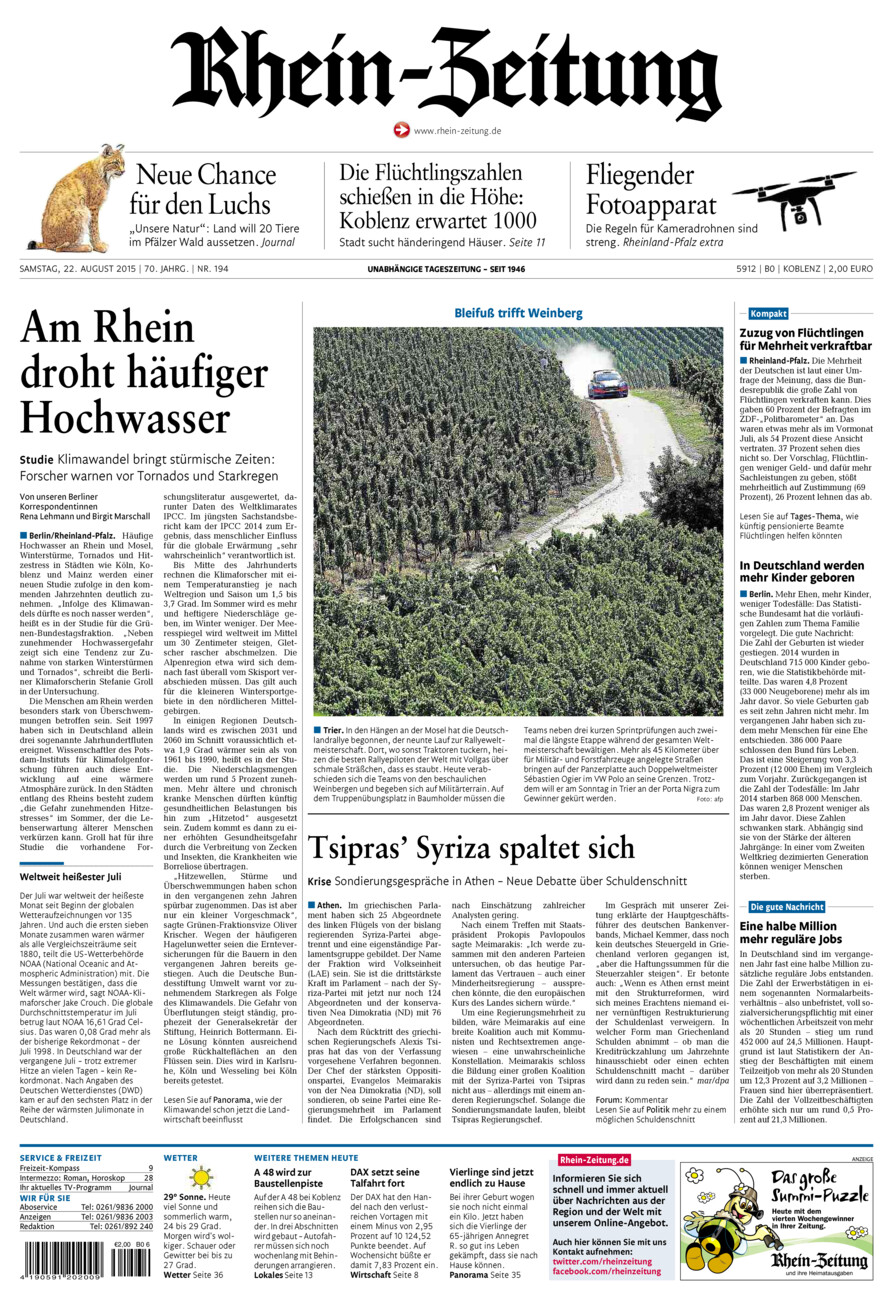 Rhein-Zeitung Koblenz & Region vom Samstag, 22.08.2015