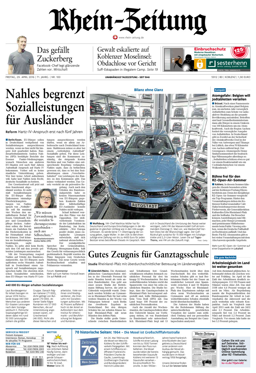 Rhein-Zeitung Koblenz & Region vom Freitag, 29.04.2016