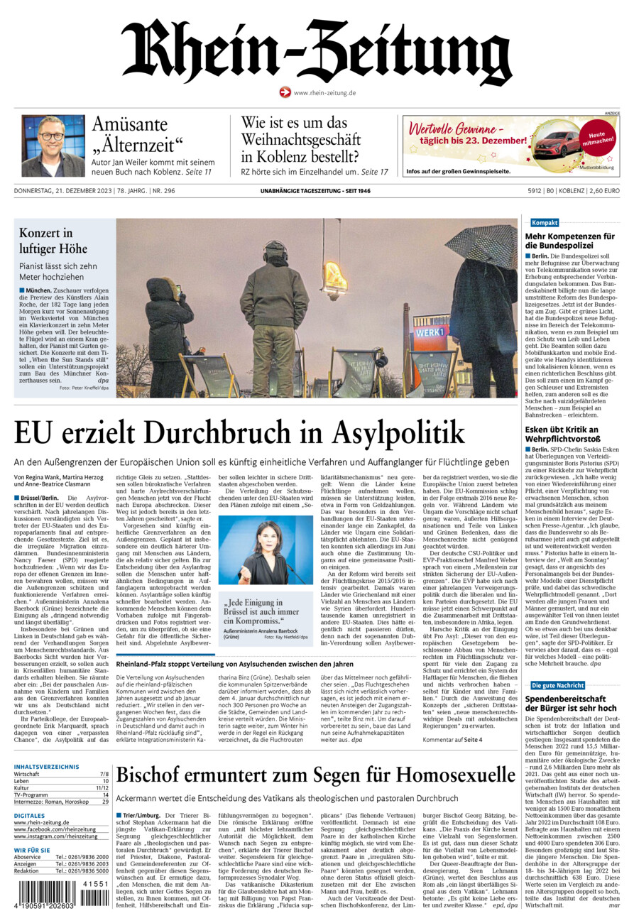 Rhein-Zeitung Koblenz & Region vom Donnerstag, 21.12.2023