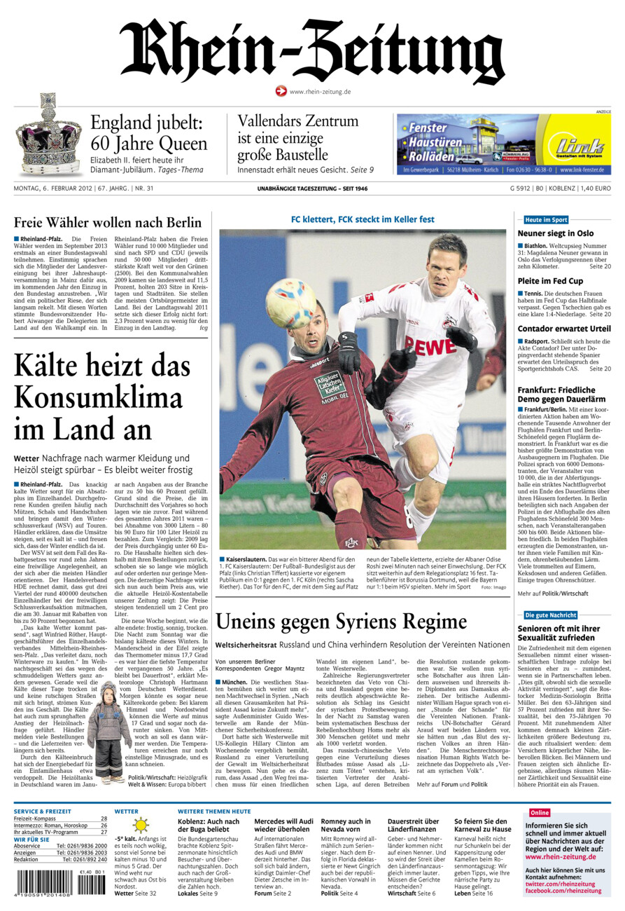 Rhein-Zeitung Koblenz & Region vom Montag, 06.02.2012
