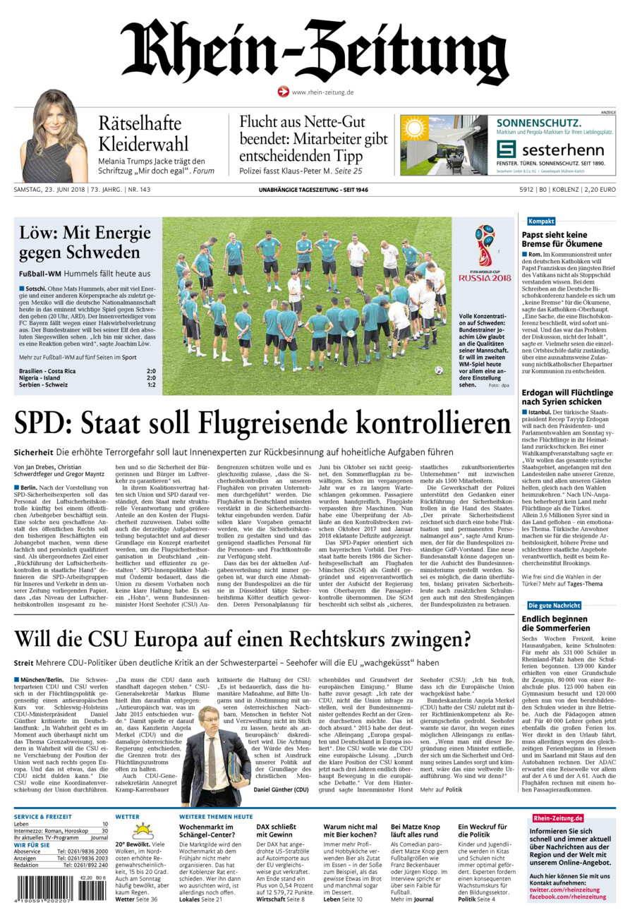 Rhein-Zeitung Koblenz & Region vom Samstag, 23.06.2018