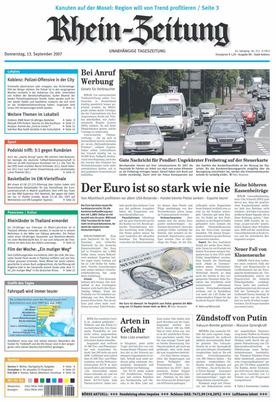 Rhein-Zeitung Koblenz & Region vom Donnerstag, 13.09.2007