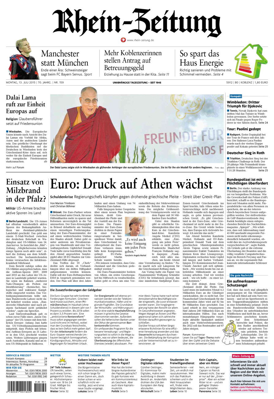 Rhein-Zeitung Koblenz & Region vom Montag, 13.07.2015
