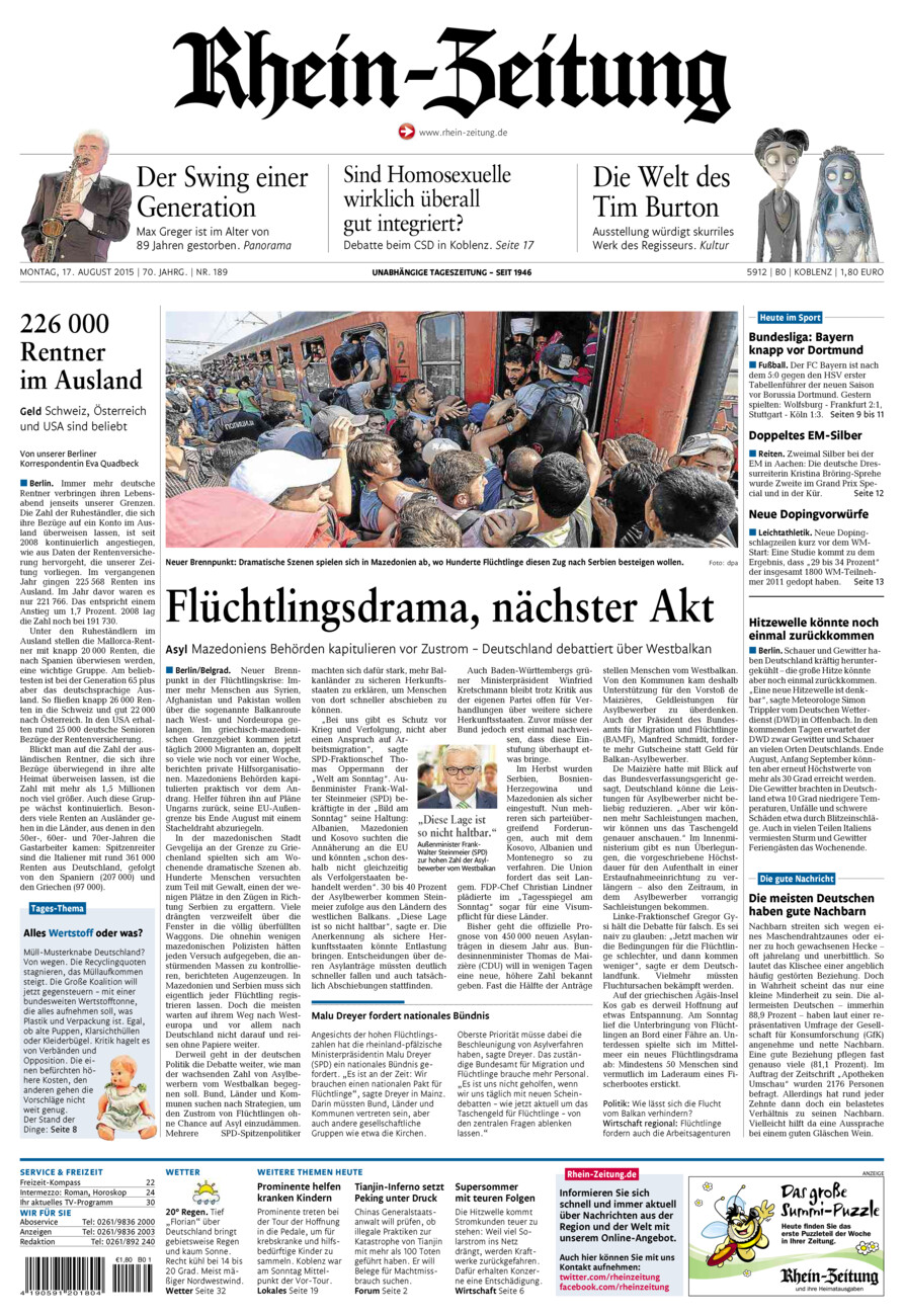Rhein-Zeitung Koblenz & Region vom Montag, 17.08.2015