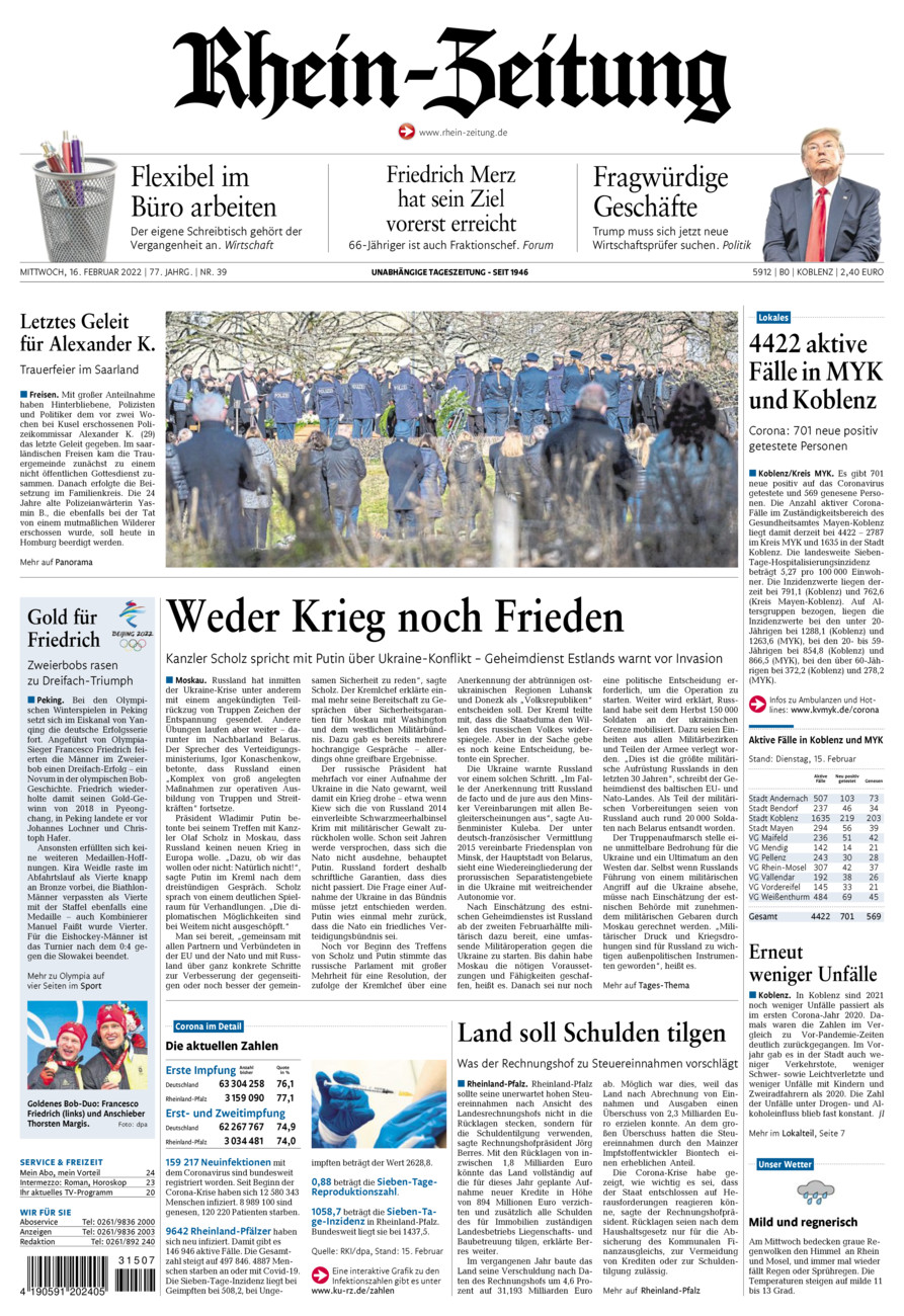 Rhein-Zeitung Koblenz & Region vom Mittwoch, 16.02.2022