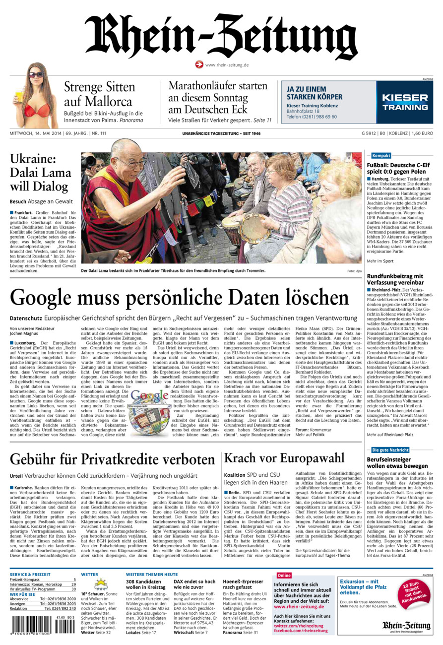 Rhein-Zeitung Koblenz & Region vom Mittwoch, 14.05.2014