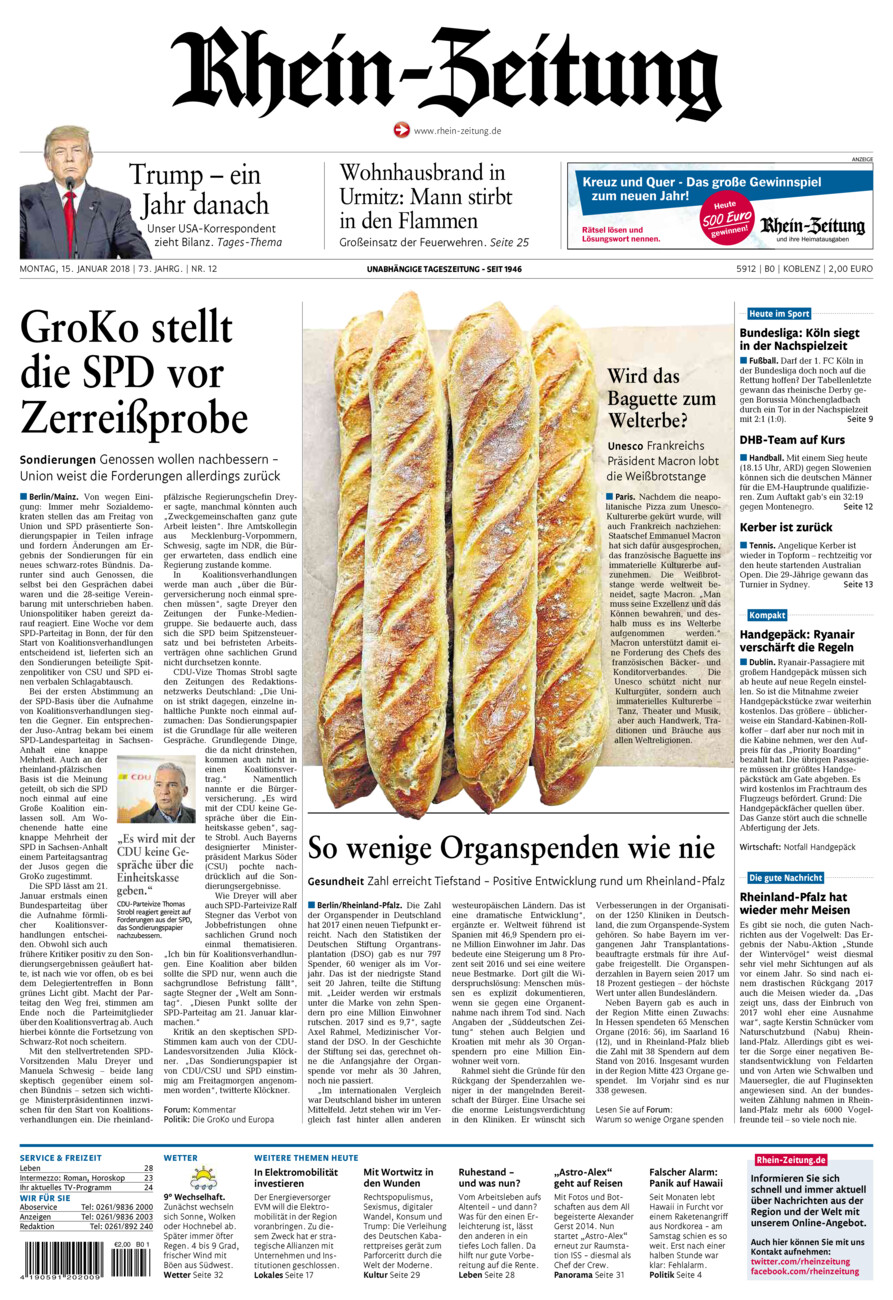 Rhein-Zeitung Koblenz & Region vom Montag, 15.01.2018