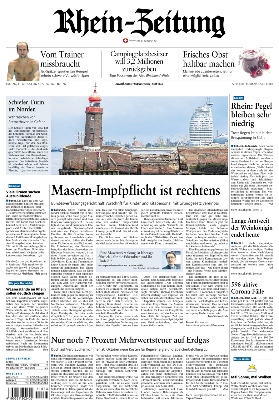 Rhein-Zeitung Koblenz & Region vom Freitag, 19.08.2022