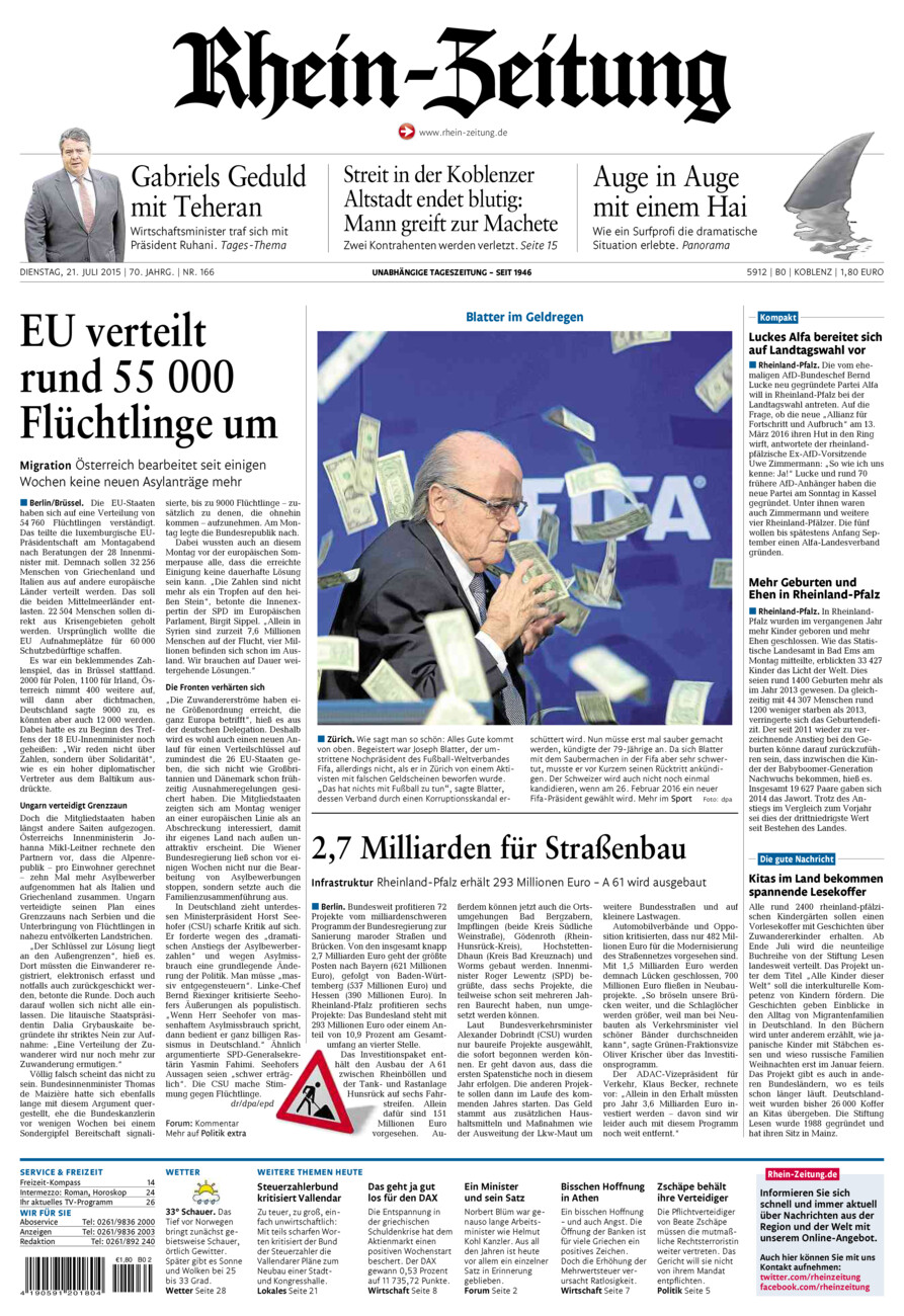 Rhein-Zeitung Koblenz & Region vom Dienstag, 21.07.2015