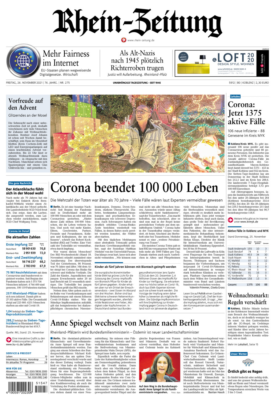 Rhein-Zeitung Koblenz & Region vom Freitag, 26.11.2021