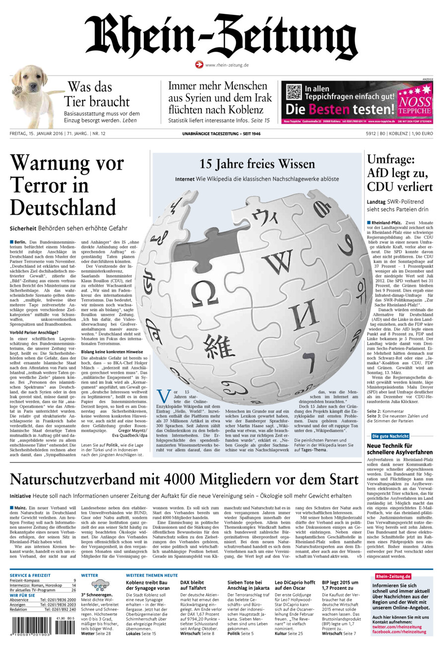 Rhein-Zeitung Koblenz & Region vom Freitag, 15.01.2016