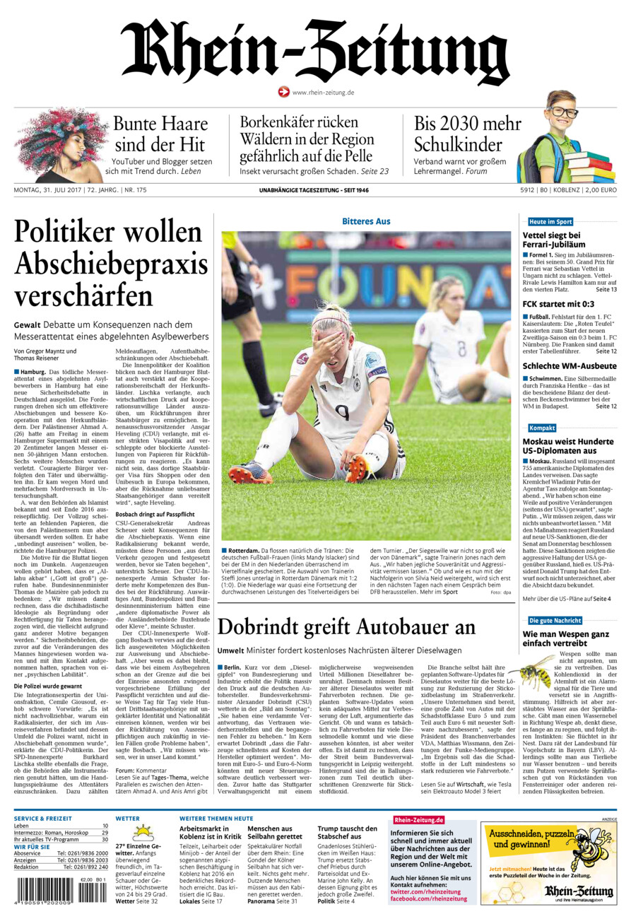 Rhein-Zeitung Koblenz & Region vom Montag, 31.07.2017