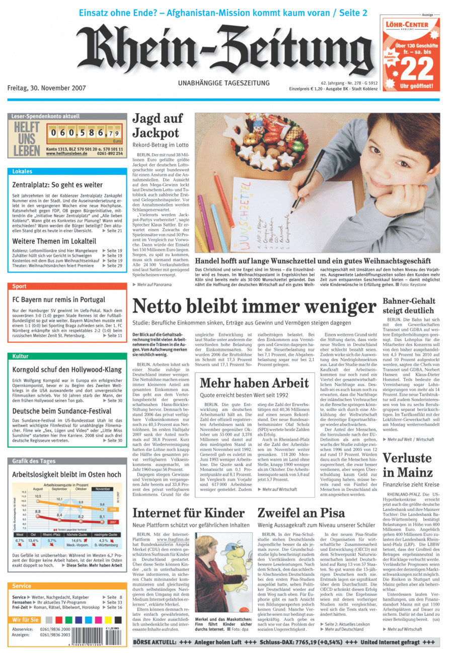 Rhein-Zeitung Koblenz & Region vom Freitag, 30.11.2007