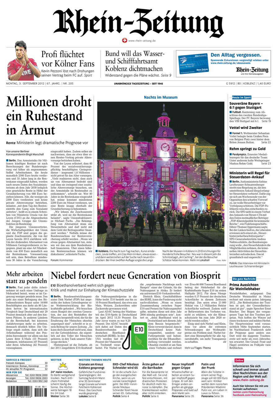 Rhein-Zeitung Koblenz & Region vom Montag, 03.09.2012