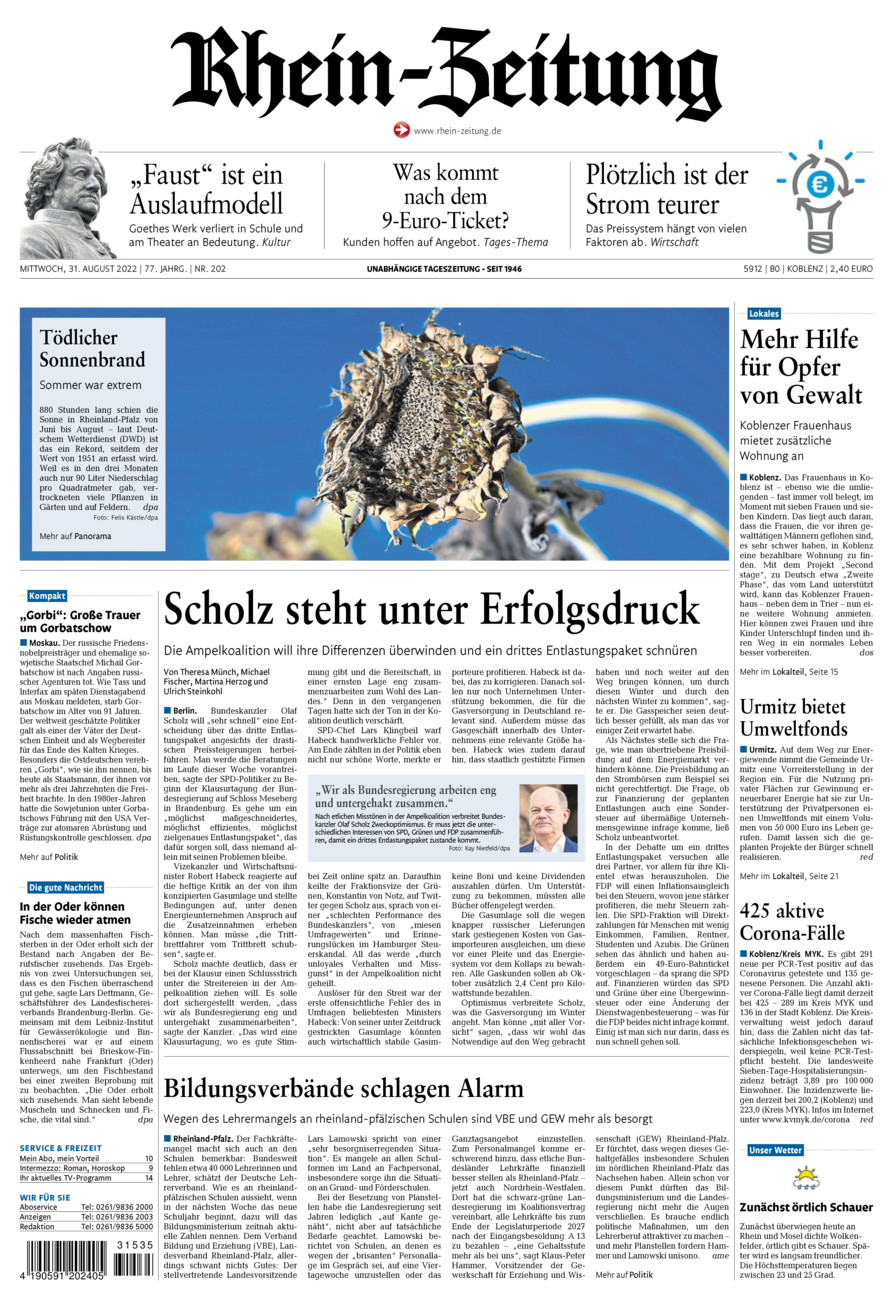Rhein-Zeitung Koblenz & Region vom Mittwoch, 31.08.2022