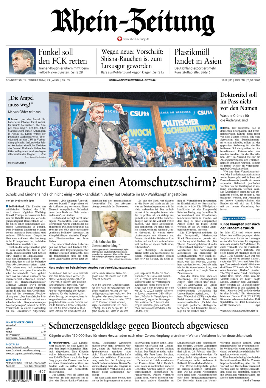 Rhein-Zeitung Koblenz & Region vom Donnerstag, 15.02.2024