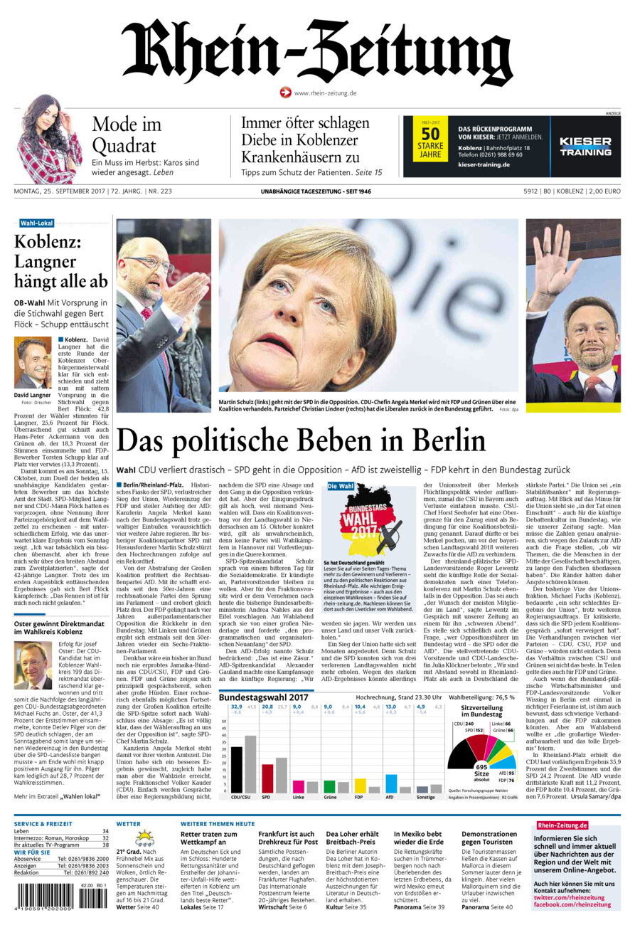 Rhein-Zeitung Koblenz & Region vom Montag, 25.09.2017