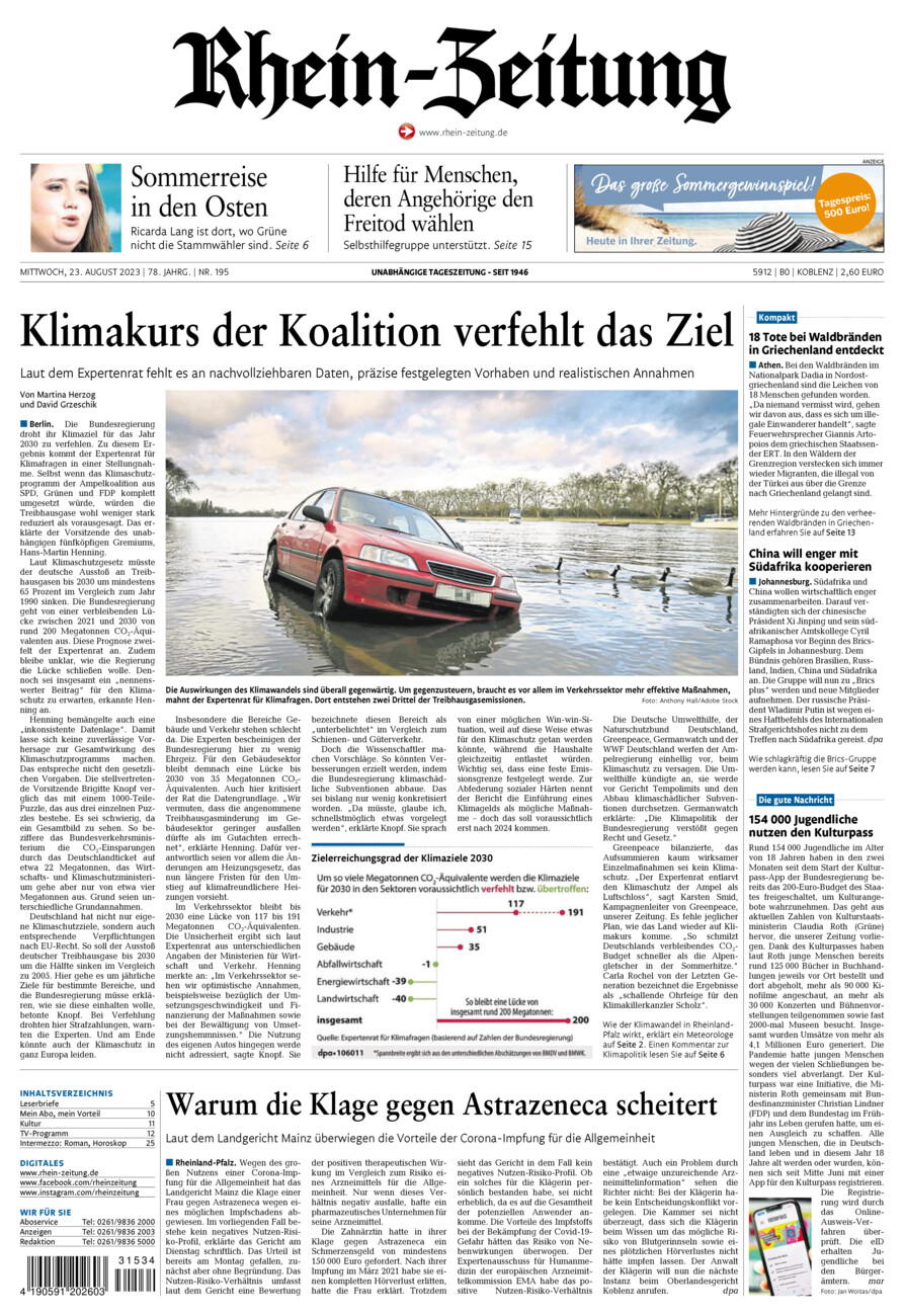 Rhein-Zeitung Koblenz & Region vom Mittwoch, 23.08.2023