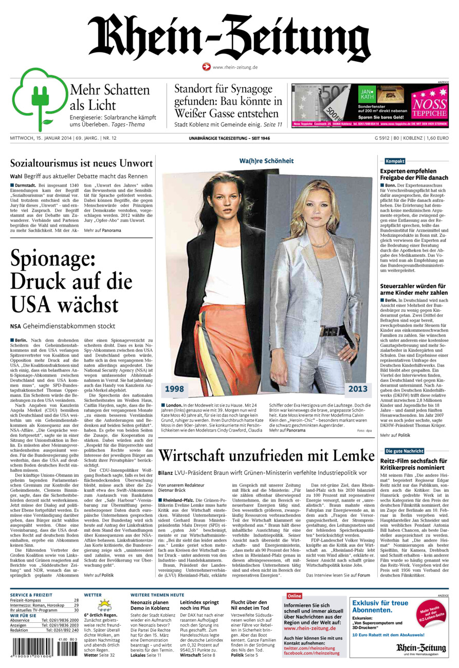 Rhein-Zeitung Koblenz & Region vom Mittwoch, 15.01.2014