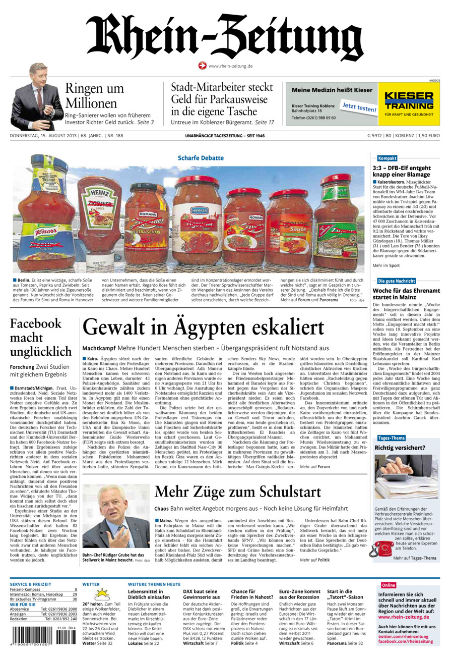 Rhein-Zeitung Koblenz & Region vom Donnerstag, 15.08.2013
