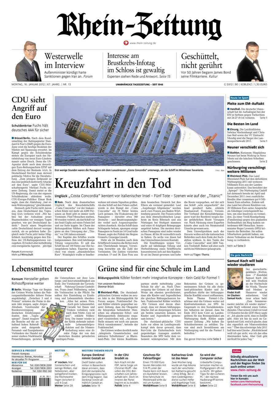 Rhein-Zeitung Koblenz & Region vom Montag, 16.01.2012