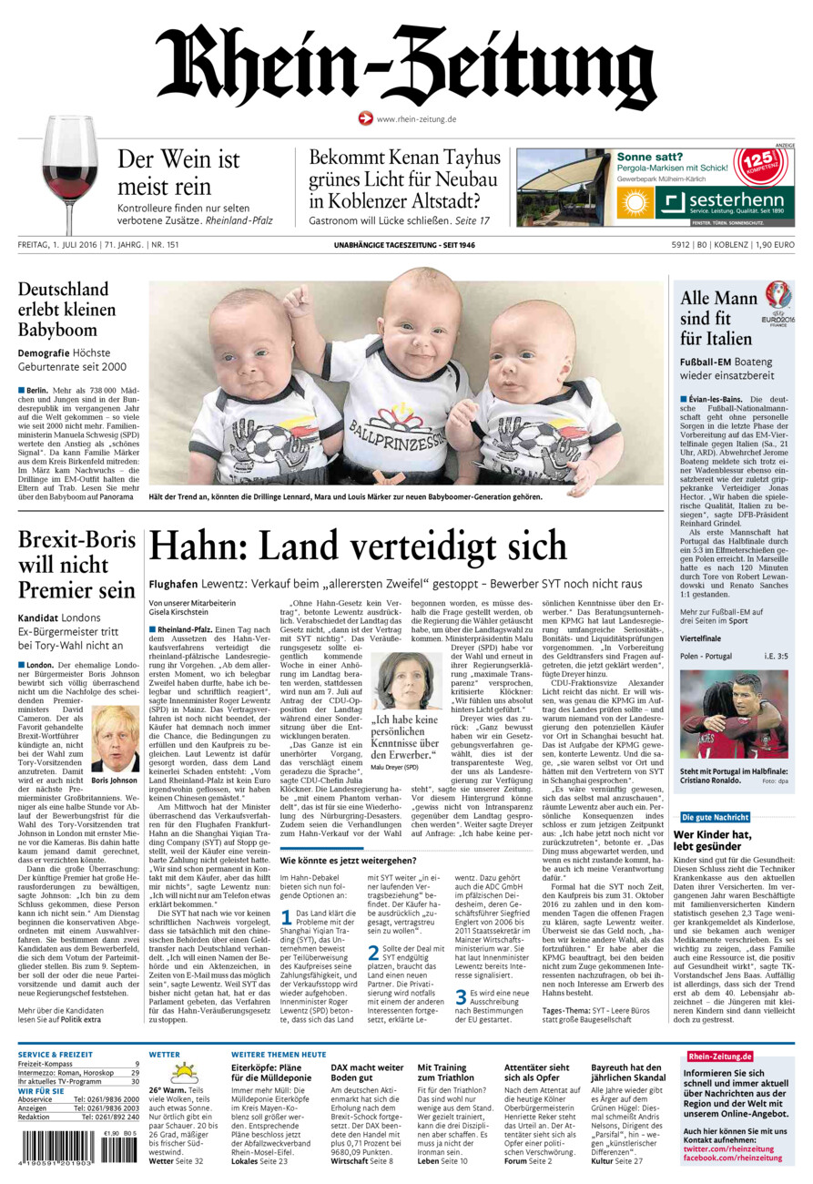 Rhein-Zeitung Koblenz & Region vom Freitag, 01.07.2016