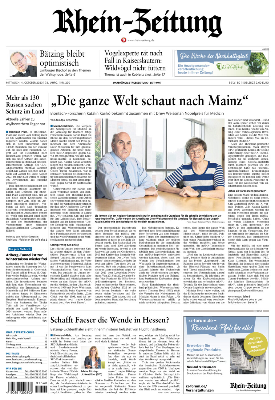 Rhein-Zeitung Koblenz & Region vom Mittwoch, 04.10.2023