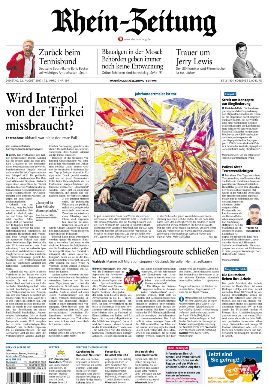 Rhein-Zeitung Koblenz & Region vom Dienstag, 22.08.2017