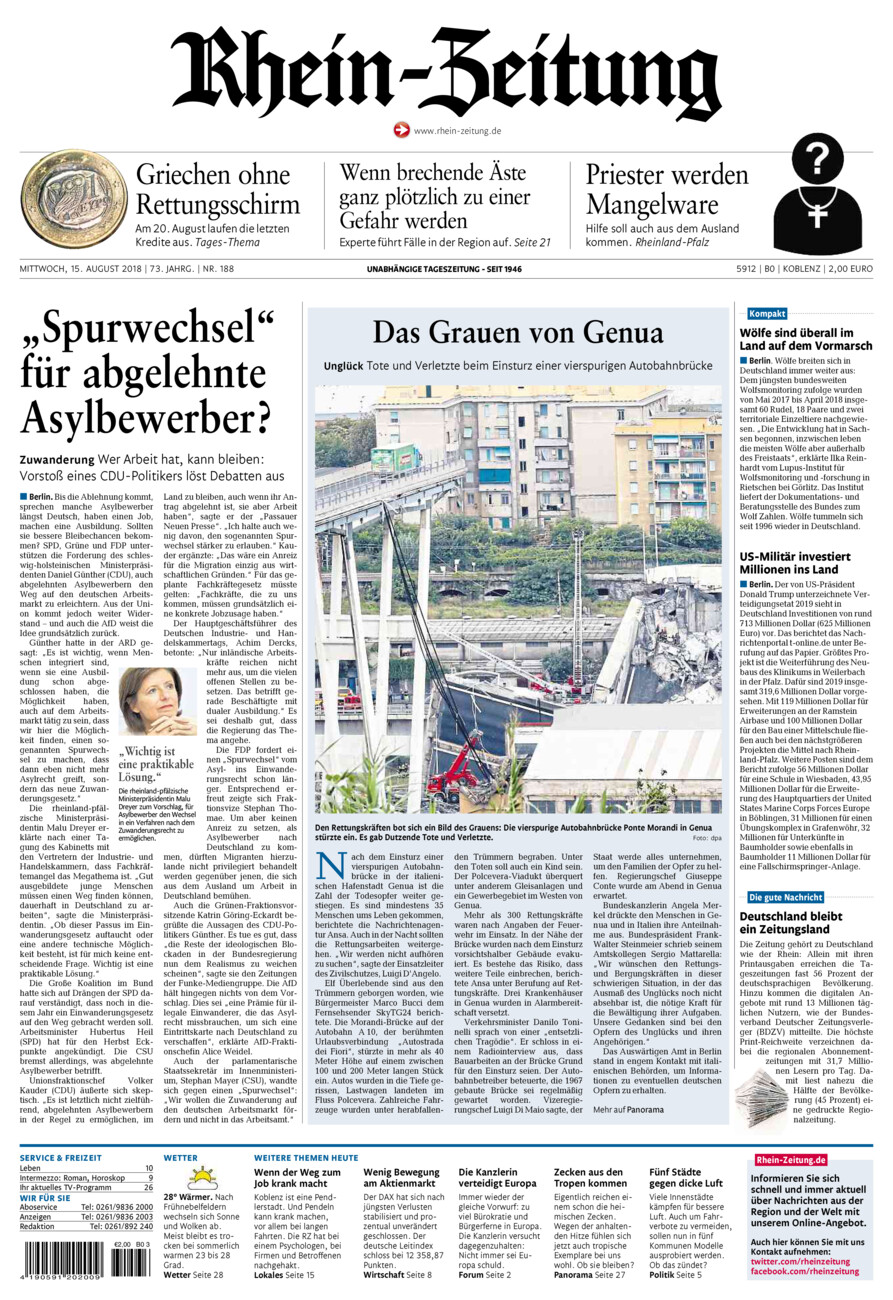 Rhein-Zeitung Koblenz & Region vom Mittwoch, 15.08.2018