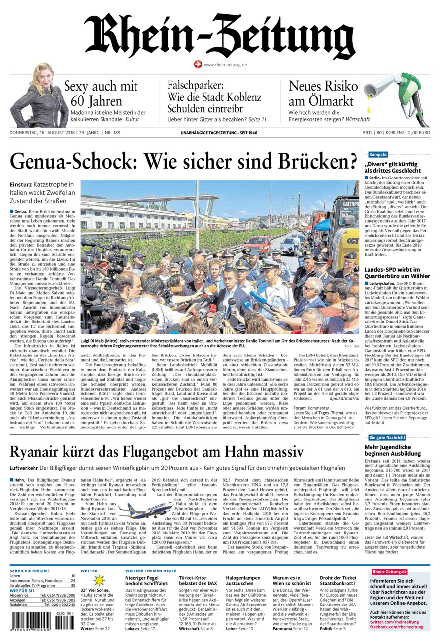 Rhein-Zeitung Koblenz & Region vom Donnerstag, 16.08.2018