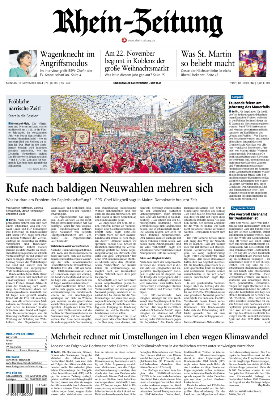 Rhein-Zeitung Koblenz & Region vom Montag, 11.11.2024