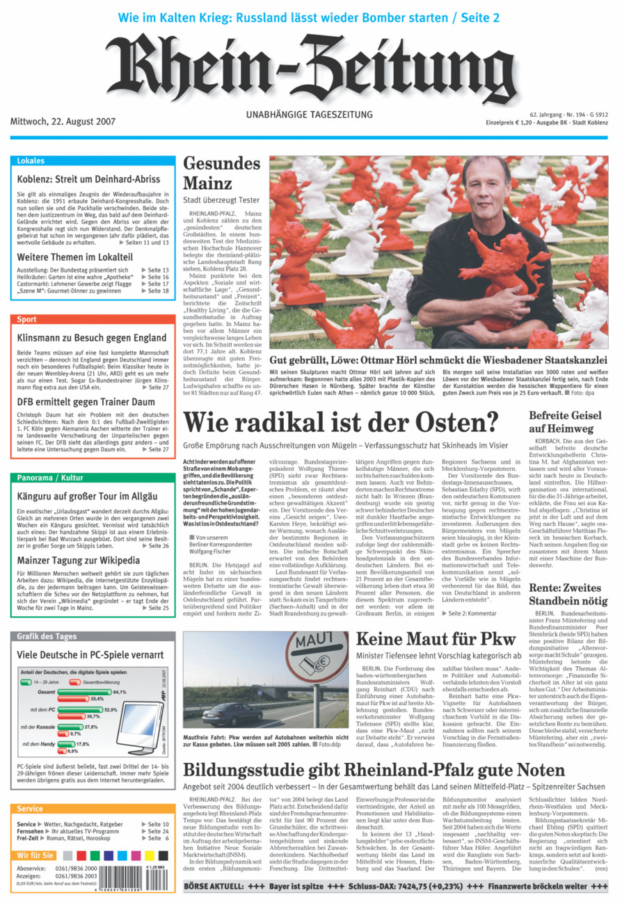 Rhein-Zeitung Koblenz & Region vom Mittwoch, 22.08.2007