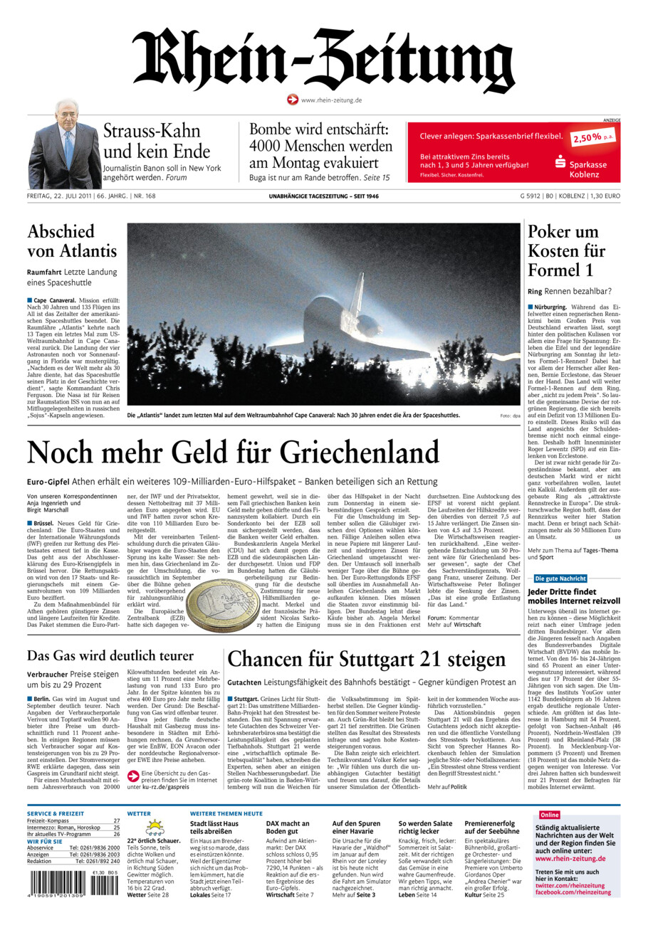 Rhein-Zeitung Koblenz & Region vom Freitag, 22.07.2011