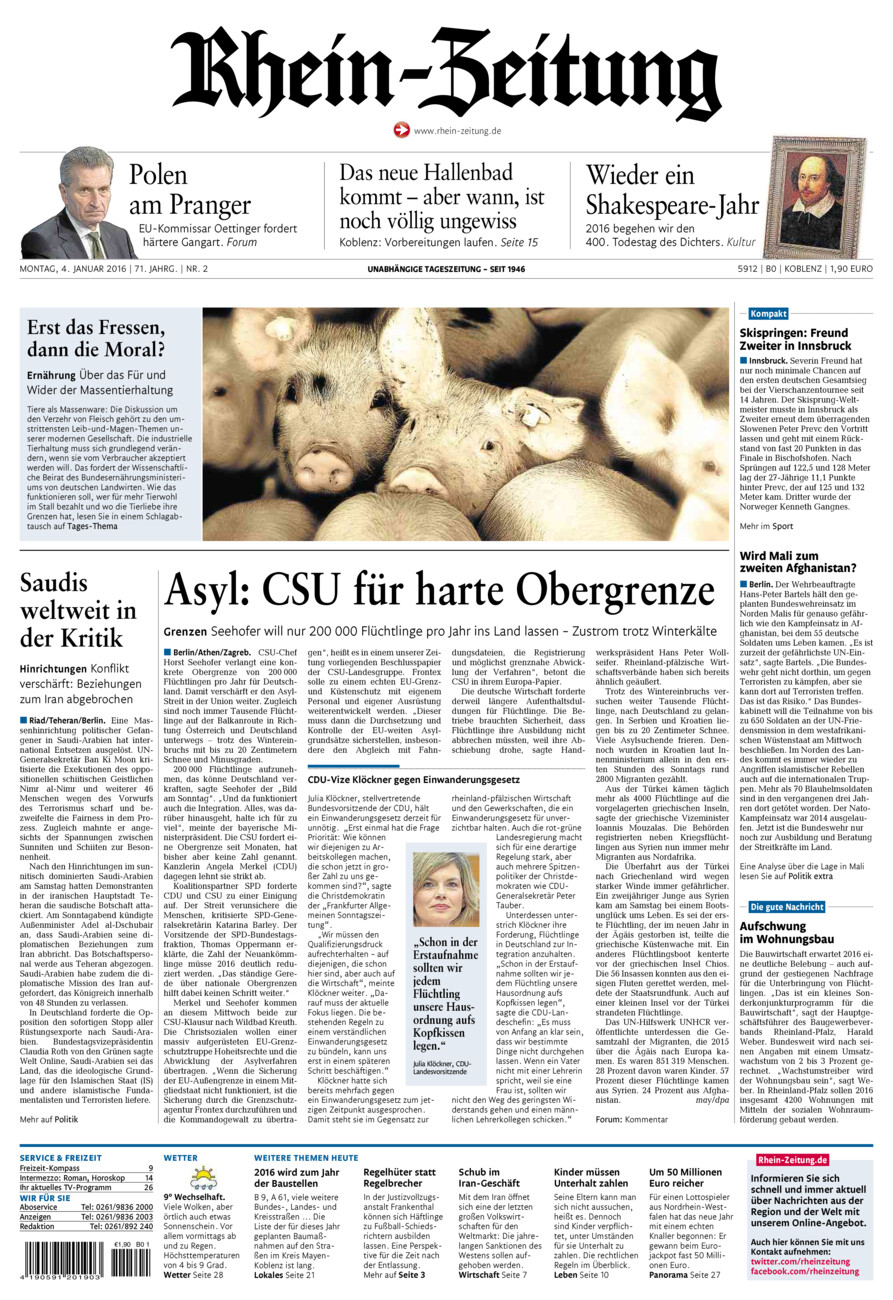 Rhein-Zeitung Koblenz & Region vom Montag, 04.01.2016