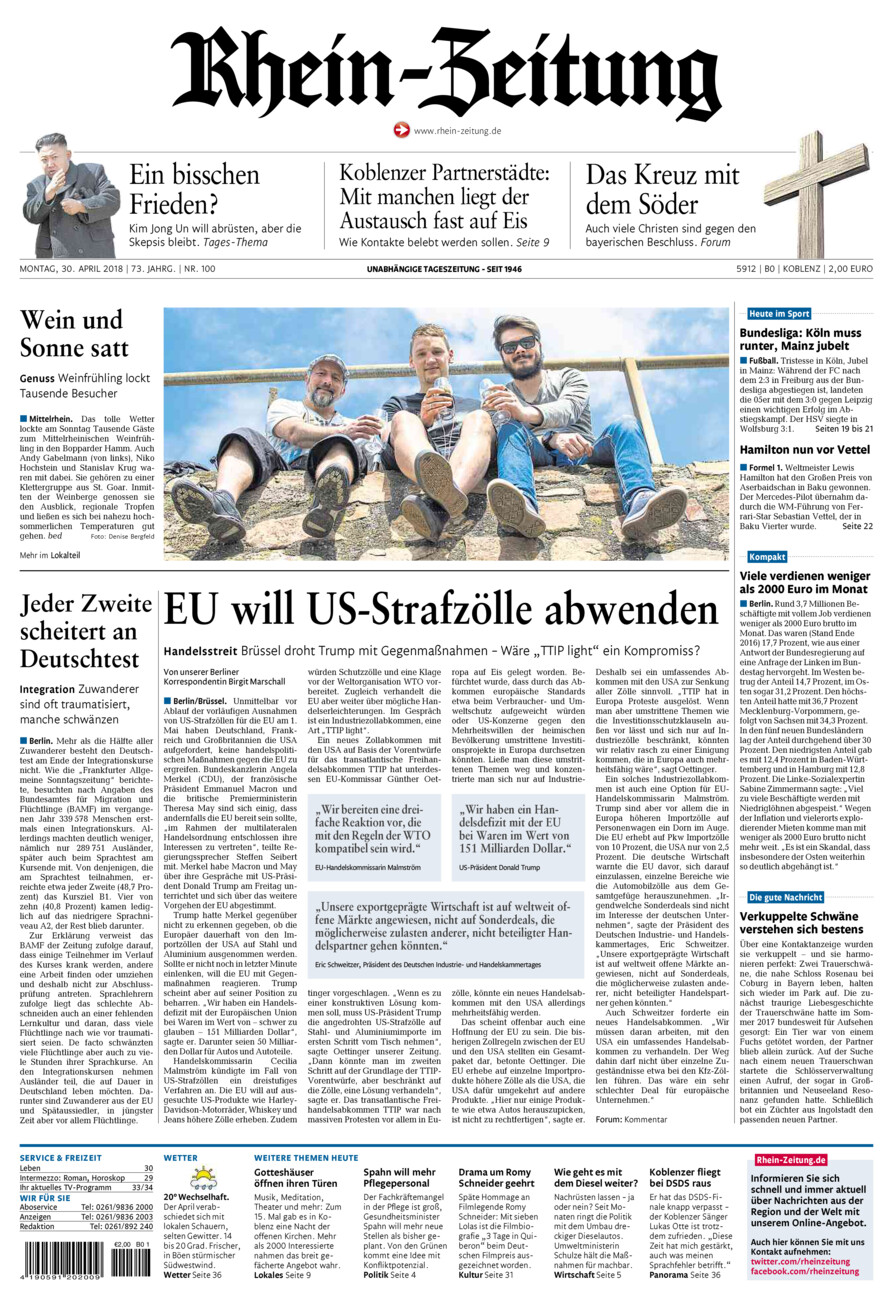 Rhein-Zeitung Koblenz & Region vom Montag, 30.04.2018