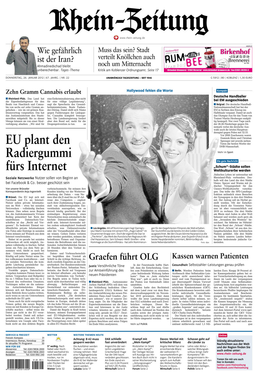 Rhein-Zeitung Koblenz & Region vom Donnerstag, 26.01.2012