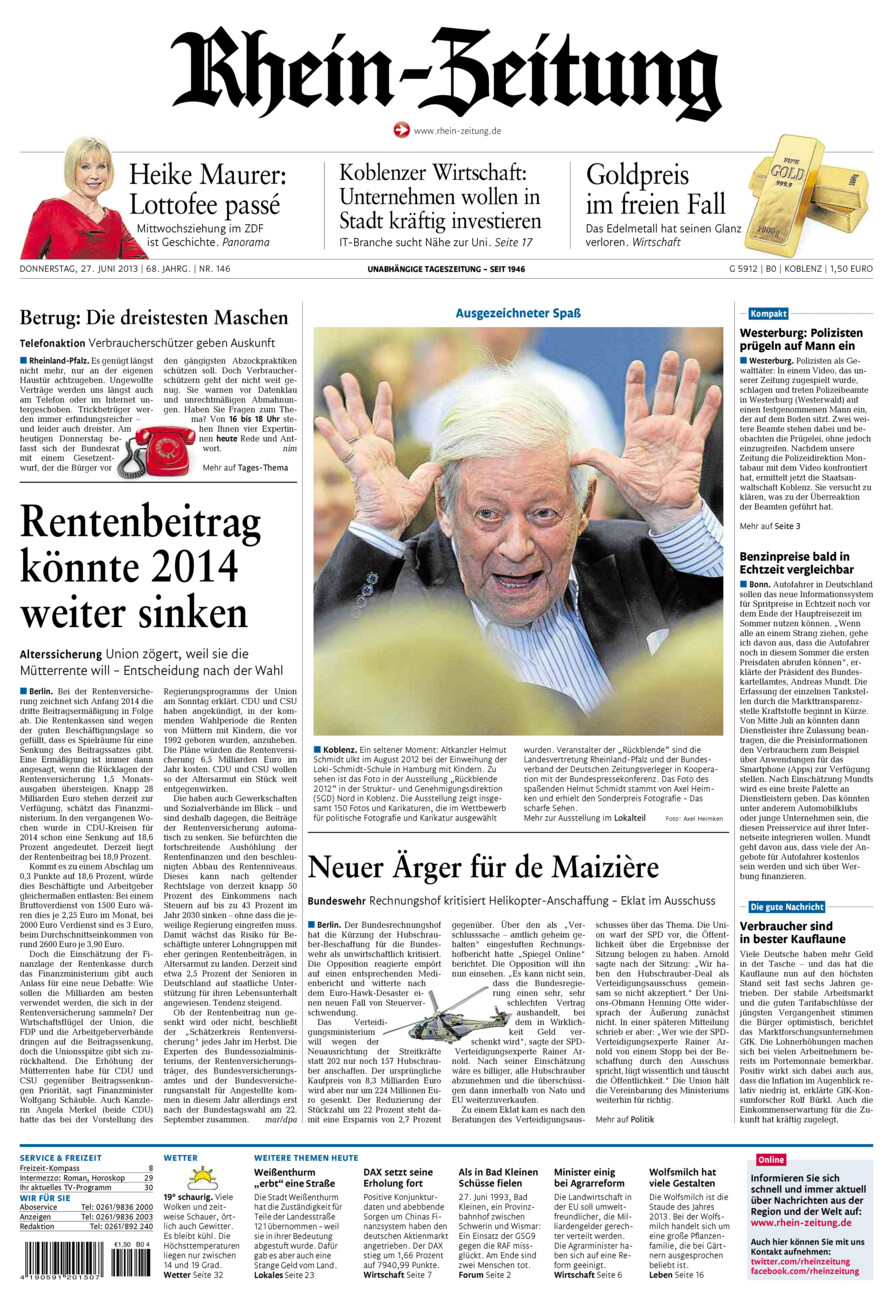 Rhein-Zeitung Koblenz & Region vom Donnerstag, 27.06.2013